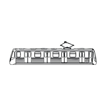 Black and white outline drawing of a modern metro train car with a pantograph on top, viewed from the side, depicting urban public transport.