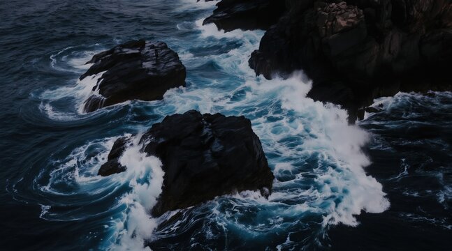 Powerful ocean waves crash against dark rocks on a wild coast. Turbulent sea water creates white foam and swirling patterns under a dark moody sky.