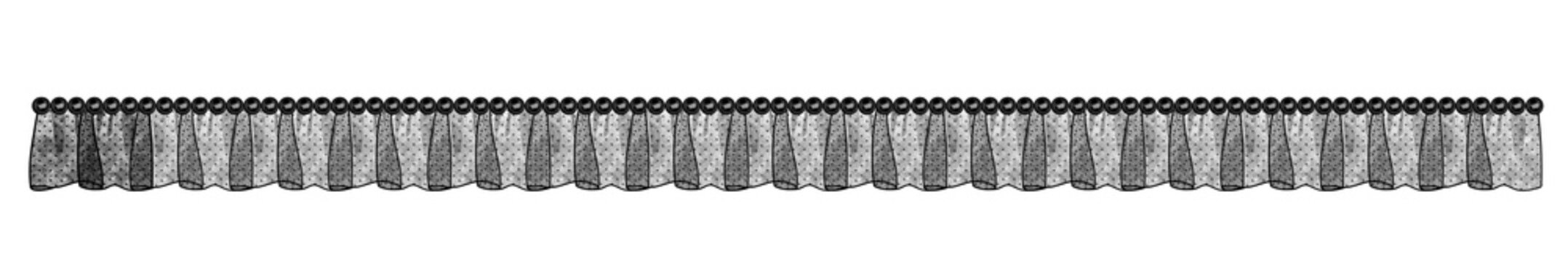 Black mesh ruffled lace trim border vector illustration. Seamless pleated lace ribbon with polka dot mesh texture for fashion, clothing, gothic or vintage textile ornamentation, crafting template