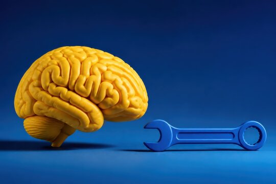 Creative brain and wrench concept on blue background