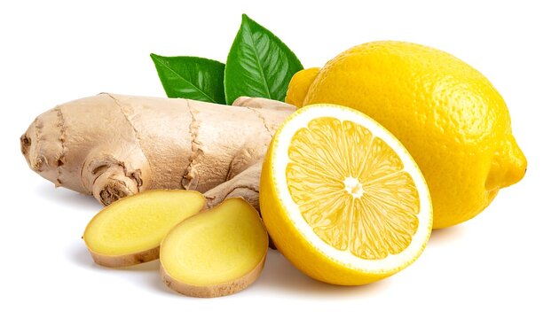 Composition ginger root, slices, lemon, and leaves, brightly lit against a white background