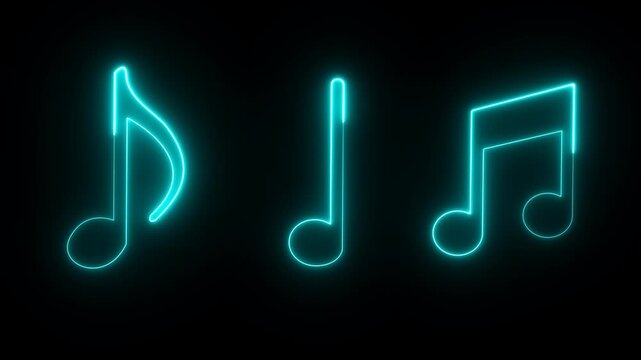 Single eighth note, Double eighth note, single music note blue neon glow line trail animation, musical icon, level music symbol on transparent background or black background