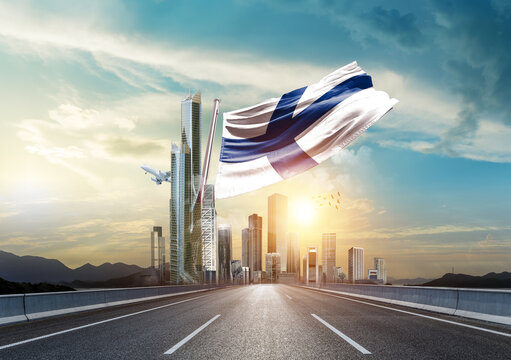 Finland flag waving with modern and developed landscape. Finland national flag for independence day.