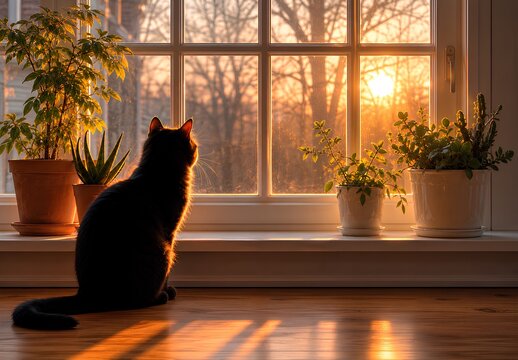International Cat Day. Black cat sitting on wooden floor by window, gazing at sunset with potted plants in the foreground and warm light illuminating the scene