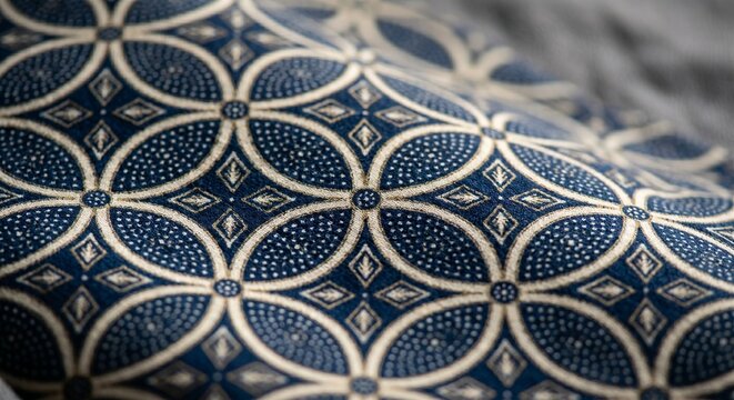 Elegant Macro Detail of Batik Kawung Geometric Pattern on Textured Fabric with Bokeh