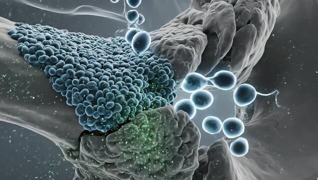 Stem cells transforming into new bone tissue inside a transparent biological environment, glowing regenerative particles attaching to damaged bone surfaces