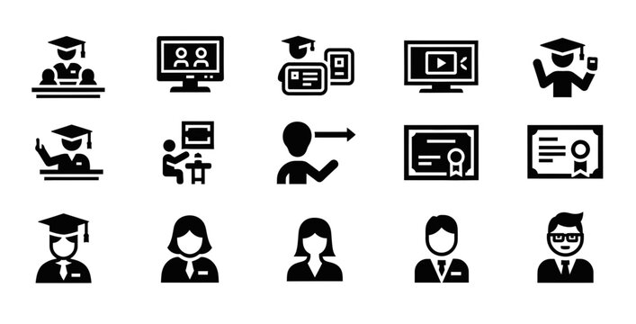 Education Icons Set: Graduation Caps, Online Learning, Certificates, Students, Teachers, Digital Classroom Vector Graphics for E-learning and Academic Concepts