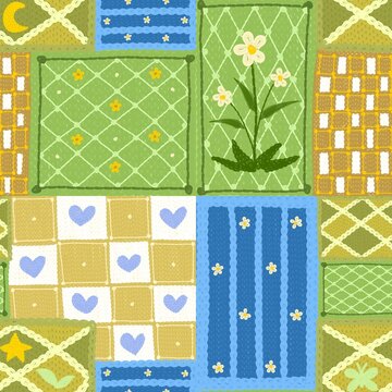 Digital crochet and embroidery seamless pattern green park illustration, good print on fabric