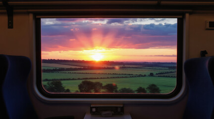 Naklejka premium View from train window at sunset. Sun sets over green fields and trees. Clouds glow pink and orange. Peaceful countryside journey through rural landscape.