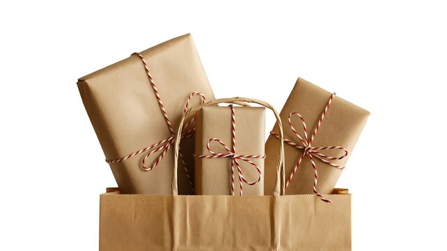 Stacked kraft paper gift boxes and shopping bags wrapped with twine on neutral background for packaging and retail presentation