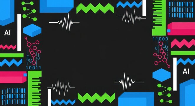 Digital art with AI theme, showcasing data streams, waveforms and geometric shapes on black.