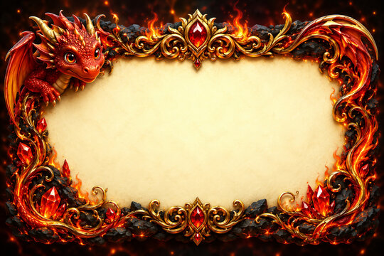 Fiery red dragon fantasy frame with lava, flames, ruby crystals and blank parchment center, dramatic magical border for adventure designs.