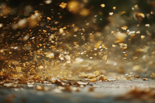Abstract fall foliage scattered in motion, golden light, dynamic natural texture