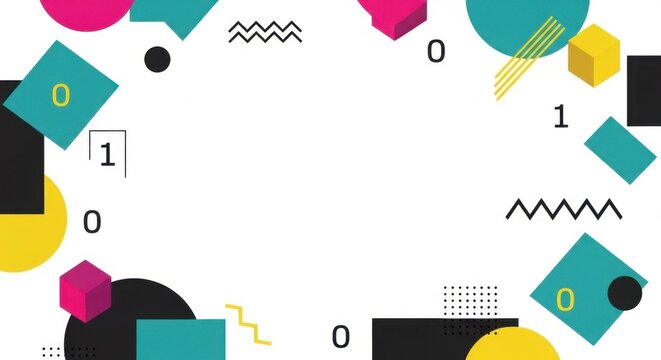 Memphis style geometric border with binary code numbers and vibrant 3d shapes on white base.