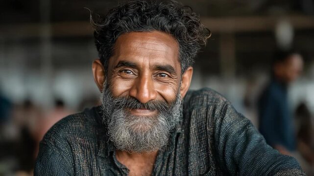 Middle-aged Indian man smiling naturally at a busy local transit station, with a blurred crowd in the background, capturing everyday life, confidence, and urban culture.