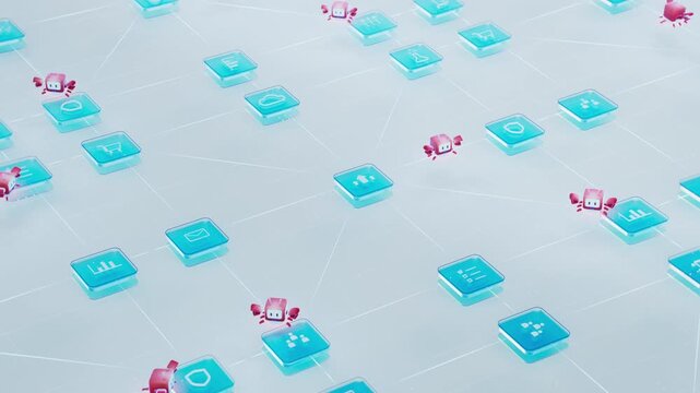 3D Animation: Charming Red AI Agents Executing Various Tasks, Doing Research and Performing Process Automation. Agentic AI Platform Where Autonomous Agents Act Autonomously to Achieve Goals.