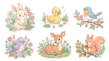 Naklejka premium Adorable Woodland Creatures Collection Bunnies, Ducklings, Birds, Deer, and Squirrels with Flowers and Trees