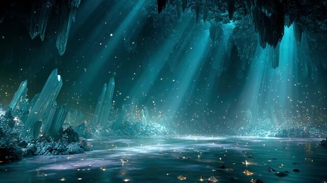 Fantasy underground cave with light rays, crystals and glowing elements. Mystical environment resembling oceanic landscape