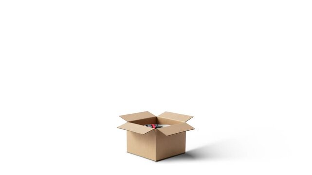 E-commerce hardware and DIY tools falling into cardboard box for shopping sale