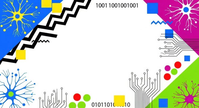 Abstract science background with neural networks binary code and geometric digital shapes.