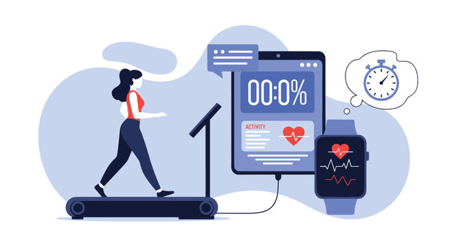 Active woman running on a treadmill connected to a fitness tracker app and smartwatch for a healthy lifestyle.