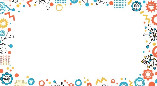 Technological border frame with gear icons data binary code and abstract scientific network.