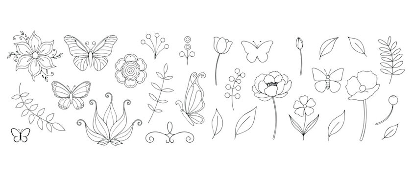 Outline vector illustration set of spring flowers and butterflies black and white elements.