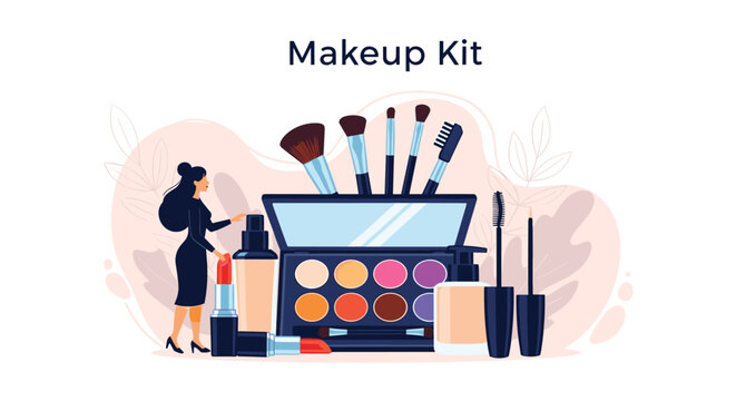 Professional makeup kit includes an eyeshadow palette, foundation bottles, various brushes, mascara, and lipsticks for beauty enthusiasts.