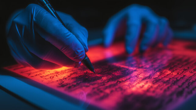 Forensic document examiner inspects a handwritten letter under glowing red infrared light while marking evidence in a dim laboratory