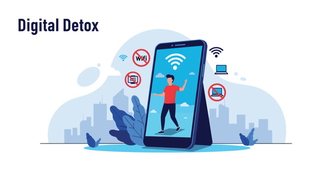 Digital detox concept depicts a man standing inside a giant smartphone screen surrounded by forbidden icons for wifi and laptops.