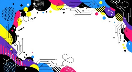 Naklejka premium Fluid abstract background with colorful liquid blobs circuit lines and geometric patterns.