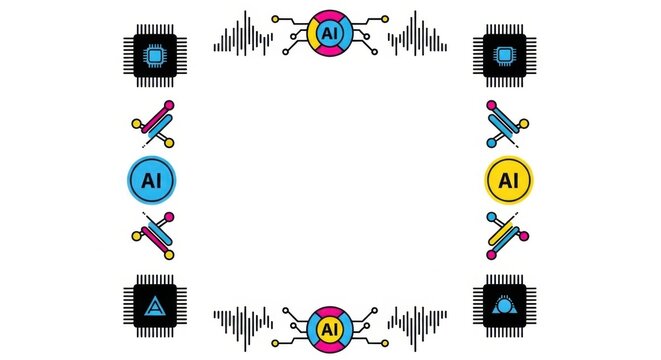 Digital technology background with artificial intelligence symbols and sound wave icons.