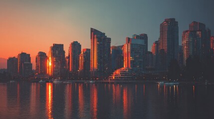 Obraz premium Modern city skyline at sunset with high-rise buildings reflecting on river