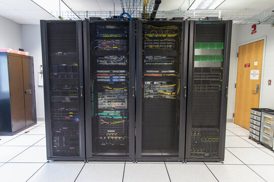 Racks of network equipment in communications room