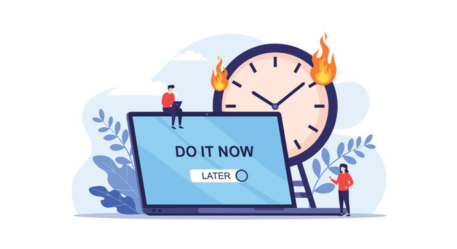 Procrastination concept shows characters ignoring a DO IT NOW task on a laptop for LATER while a giant clock behind them burns.