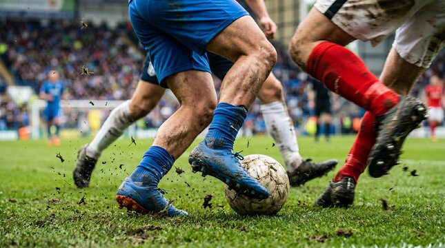 Professional soccer players competing for ball on grass pitch, intense football match action close up, athletic legs in blue and red socks during game