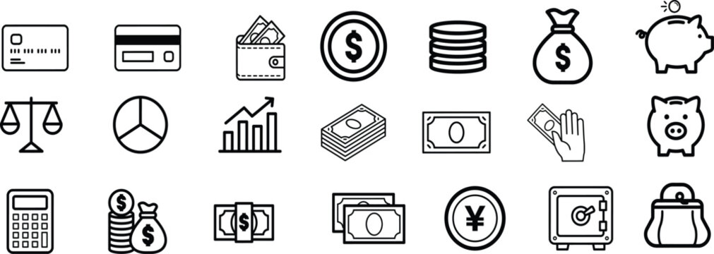Money and finance line icon set. Vector outline banking symbols including credit card, wallet, piggy bank, cash, and growth graph.