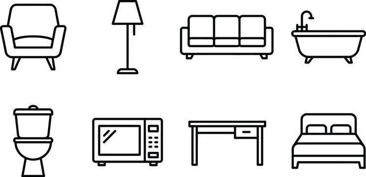Modern Furniture and Home Appliance Vector Line Icons Set