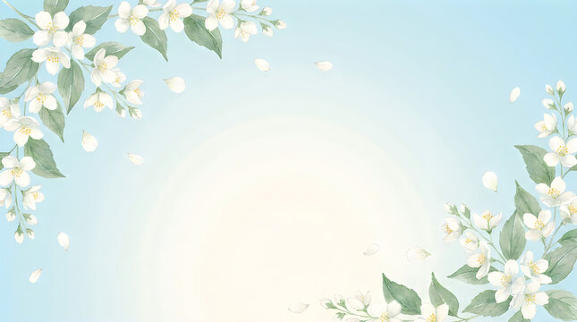 Watercolor illustration of jasmine flowers blooming with green leaves border on light blue background delicate floral botanical frame design for wedding stationery and invitation cards.