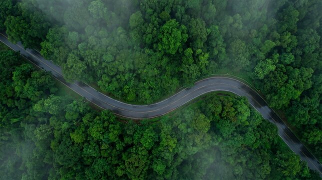 Aerial Drone Top View of a Winding Wet Asphalt Road Through Dense Lush Green Forest During Monsoon Rain