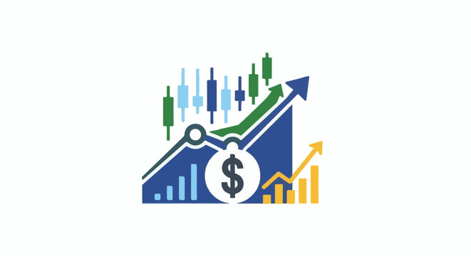 A visual representation of financial growth with stock charts, bar graphs, and a dollar sign