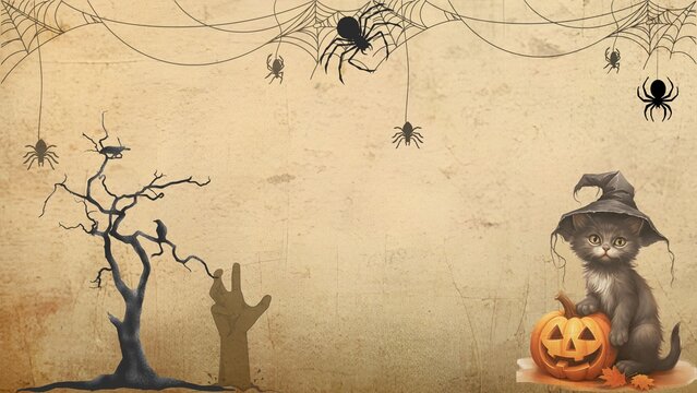 Happy Halloween banner or party invitation Abstract Background Spooky black silhouette group of Halloween