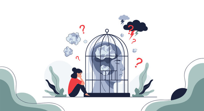 Mental health and emotional prison concept showing a woman feeling isolated next to a cage containing a mind.