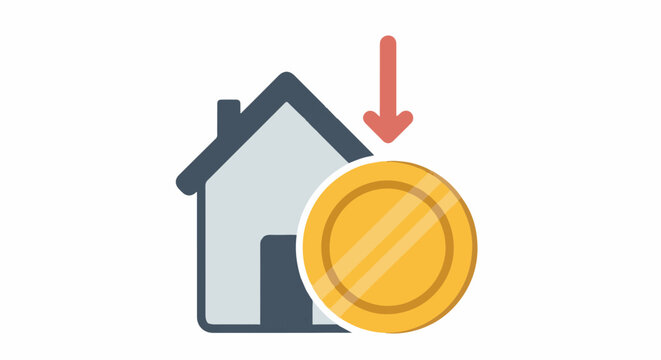 A stylized house with a downward red arrow and a gold coin