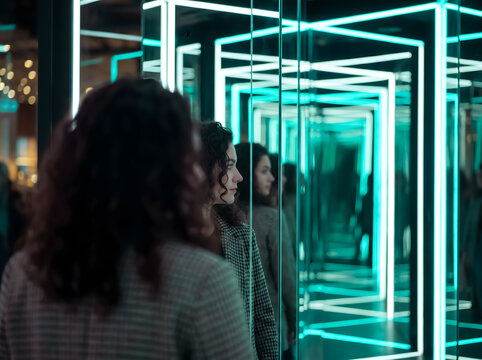 Over-the-shoulder view of a Young Woman Walking Through Geometric Infinity Mirror Maze with Teal Neon Lights
