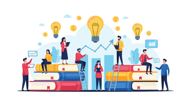 Business innovation and knowledge sharing concept featuring professional people on stacks of books with ideas.
