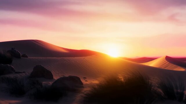 Time lapse push-in shot of golden sunset over desert sand dunes and rocks with vivid pink and orange sky