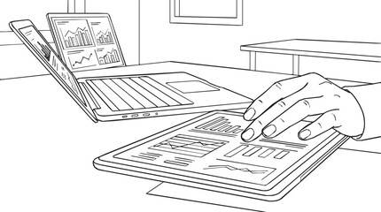 Obraz premium Professional hand interacting with business analytics and data on a digital tablet and laptop dashboard for corporate financial reporting