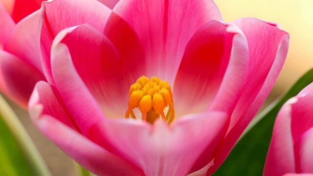 Slow motion close-up of pink tulip flower blossom opening revealing delicate petals with warm bokeh background