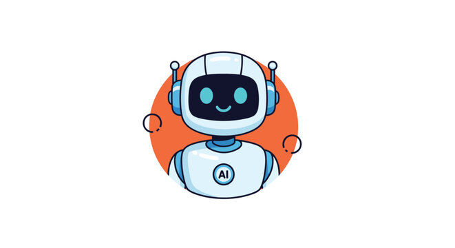 Friendly white robot head with blue glowing eyes in a circular orange frame representing artificial intelligence help.